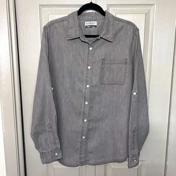 Magellan Outdoors Women’s Classic Fit Button-Up Shirt Gray Long Sleeve Roll-Tab - Picture 1 of 10